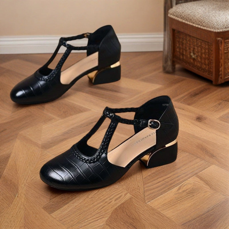 Zapatos de piel con punta redonda y tacón grueso