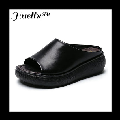 Sandalias de cuña retro de piel suave