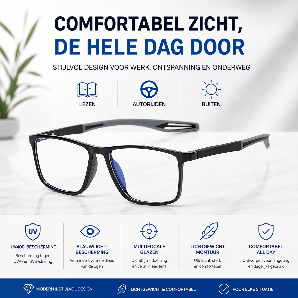 SPORTIEVE TR VIERKANTE ULTRALICHTE LEESBRIL MET BLAUWLICHTFILTER