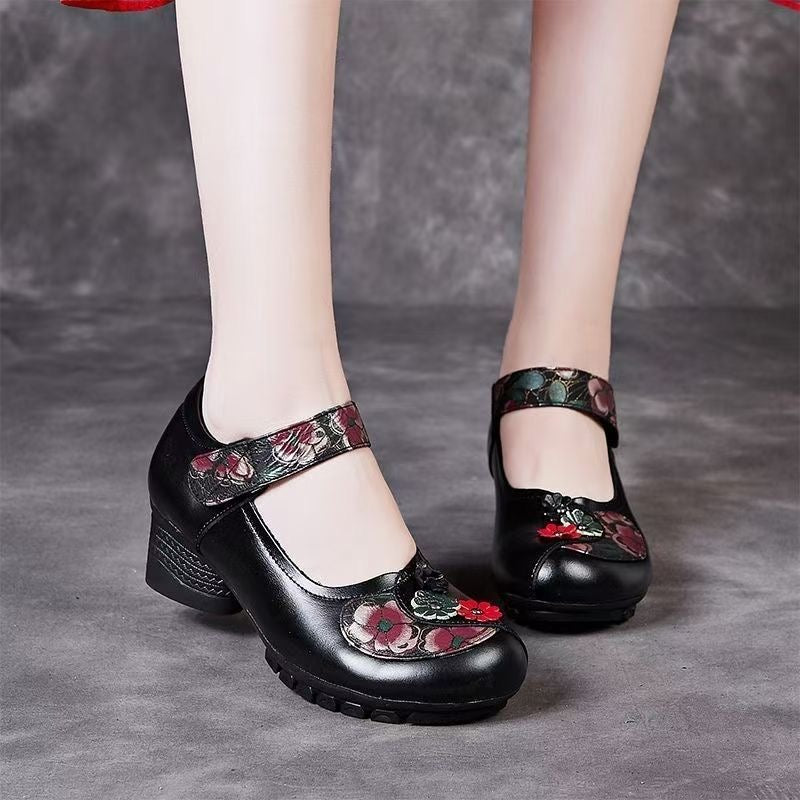 Zapatos casuales de cuero retro con tacón grueso