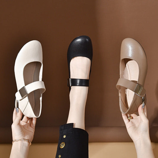 Zapatos planos de cuero con punta redonda