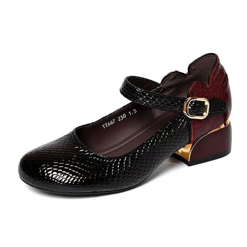 Zapatos de cuero con punta redonda y tacón grueso