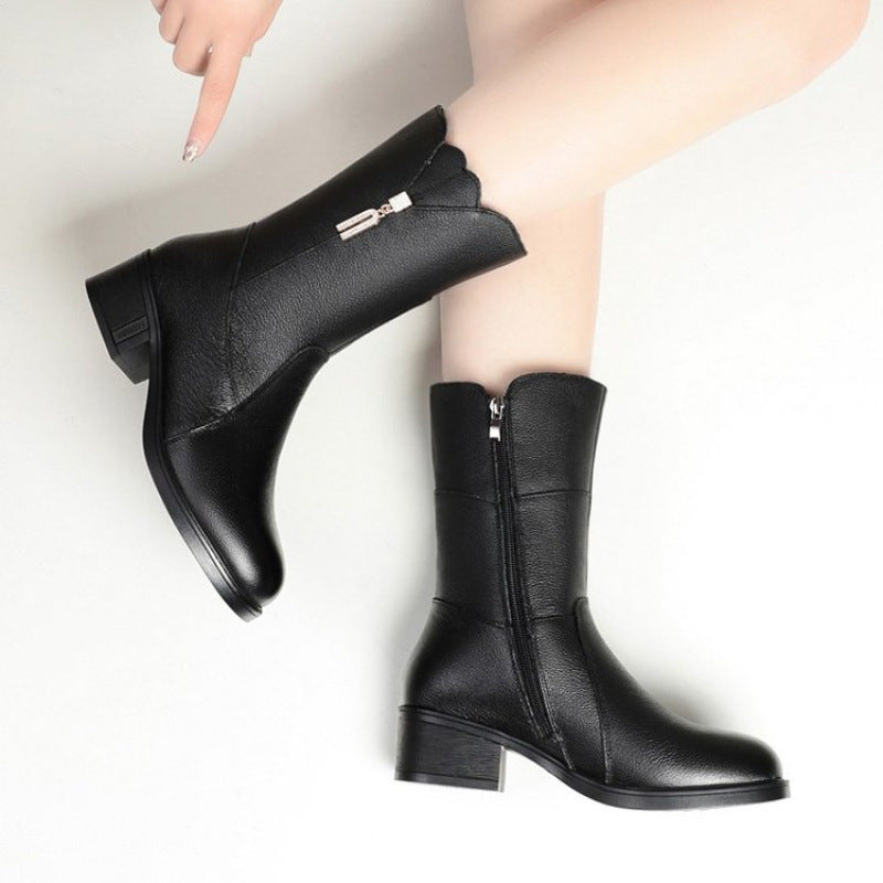 Socioc™ Botas de piel suave con tacón en bloque