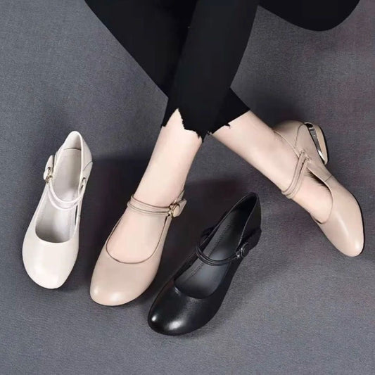 Zapatos de piel sencillos de tacón bajo y punta redonda