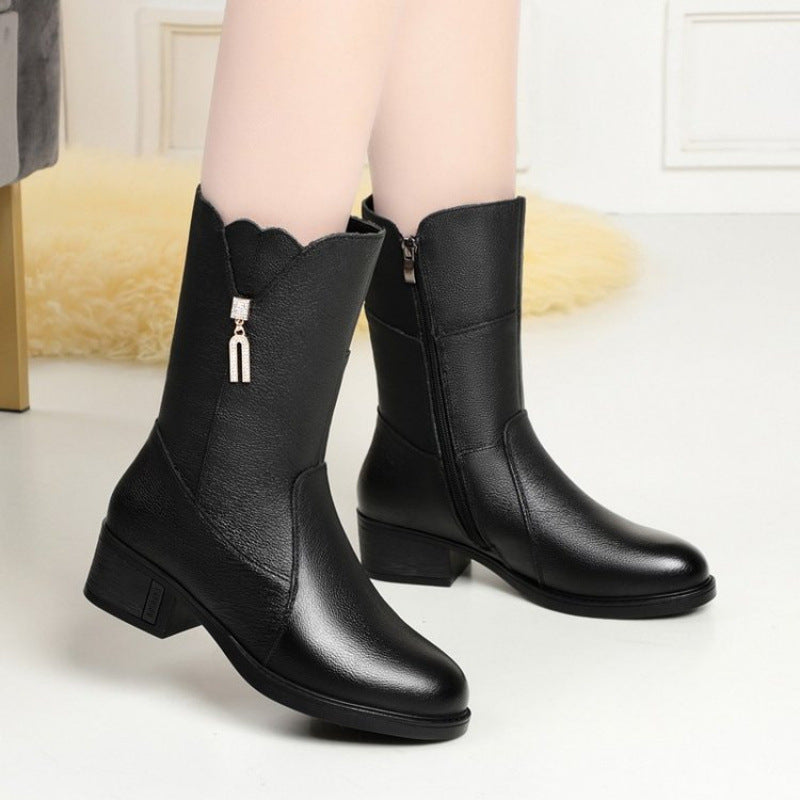 Socioc™ Botas de piel suave con tacón en bloque