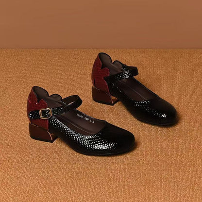 Zapatos de cuero con punta redonda y tacón grueso
