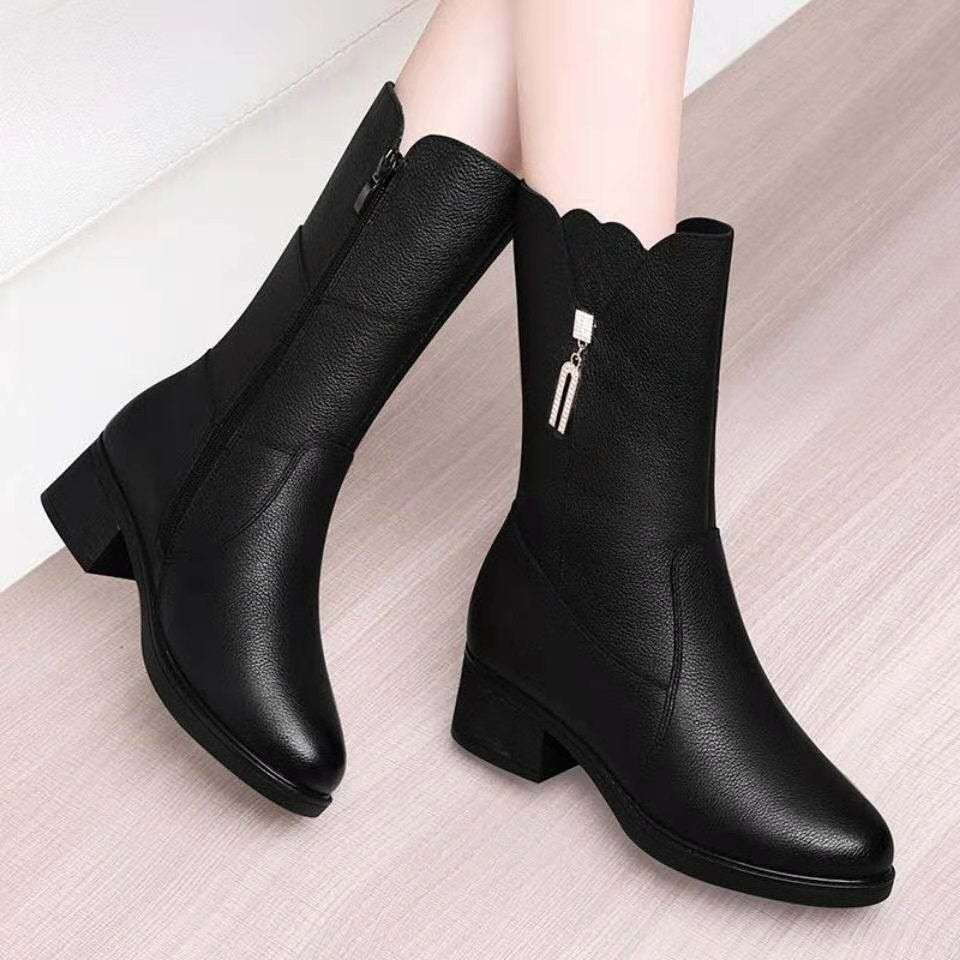 Socioc™ Botas de piel suave con tacón en bloque