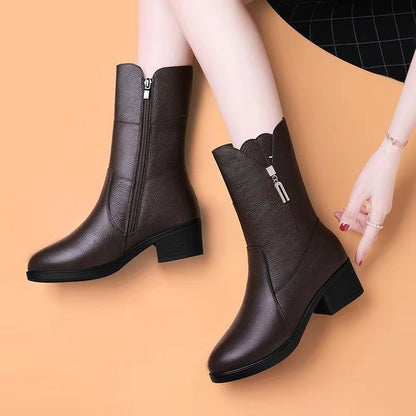 Socioc™ Botas de piel suave con tacón en bloque